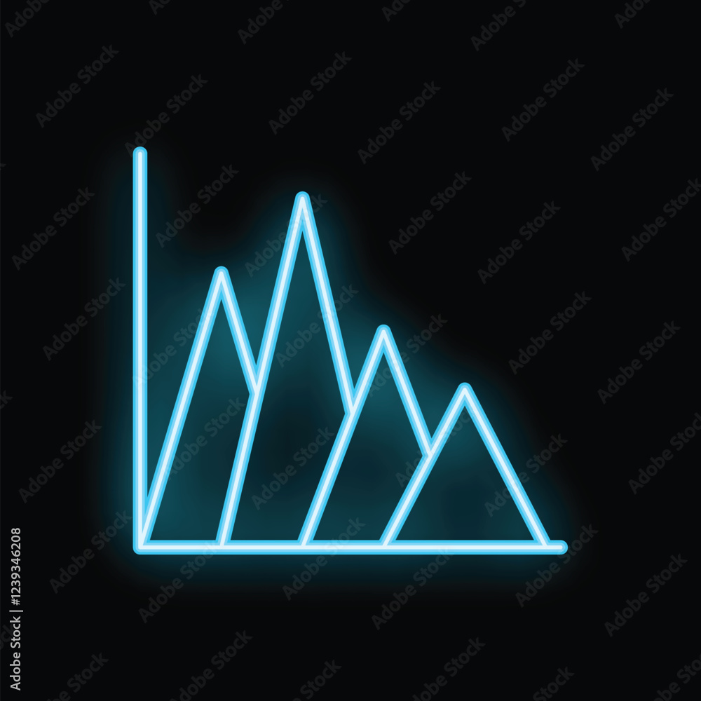 Naklejka premium Blue neon line art is depicting a declining bar chart on a black background