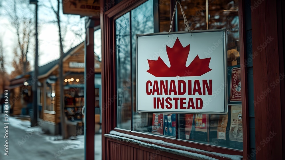 Unique sign displays Canadian pride in a cozy winter street setting Unique sign displays Canadian pride in a cozy winter street setting