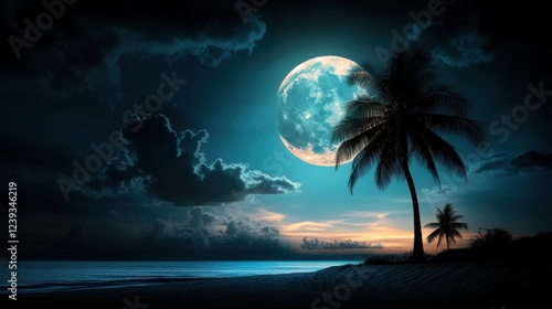 Two palm trees near the ocean shore are beautifully illuminated by the glow of a full moon, with stunning cloud formations enhancing the scene’s ambiance.