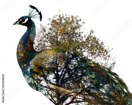 PNG Elegant peacock with tree overlay photo