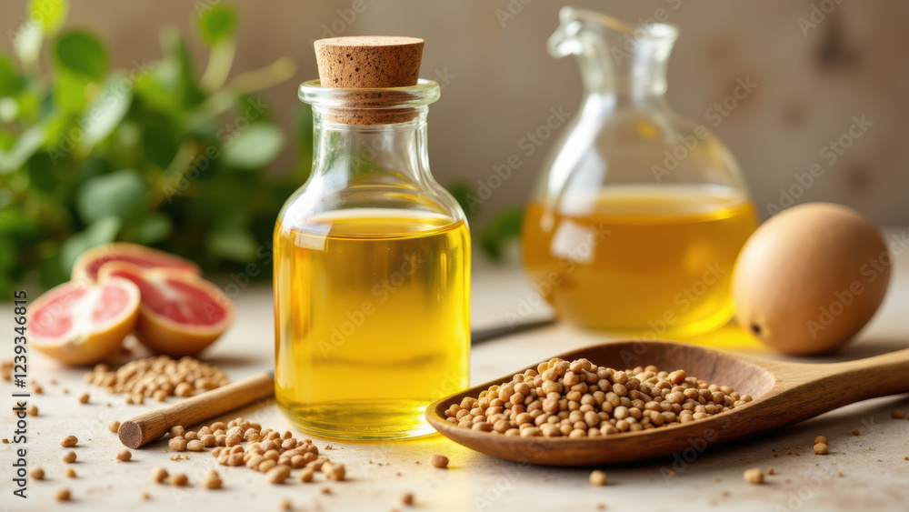 A selection of ingredients for cooking with beef tallow, including bottles, herbs, nuts, and citrus fruits on a wooden surface. A selection of ingredients for cooking with beef tallow, including bottles, herbs, nuts, and citrus fruits on a wooden surface.