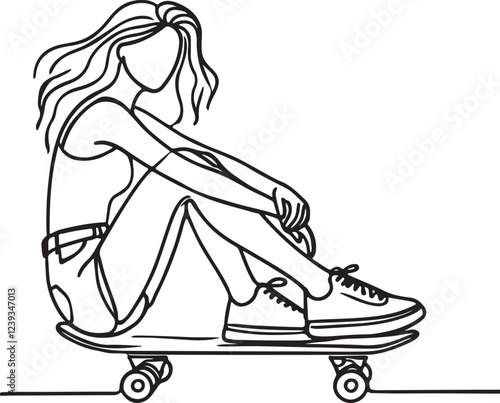 Skater Girl Sitting on Board – Simple Line Art Vector