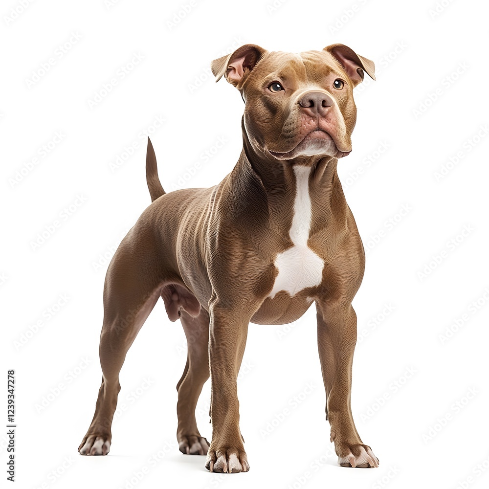 Studio-shot brown pit bull standing, alert, white background, pet adoption Studio-shot brown pit bull standing, alert, white background, pet adoption