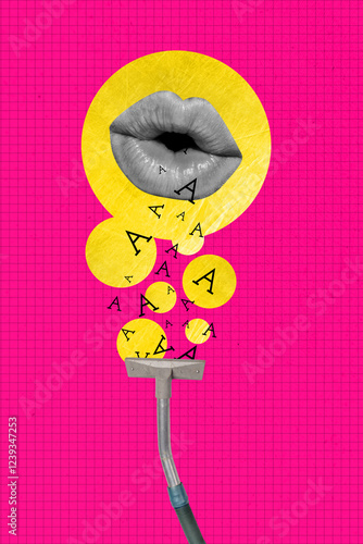 Vertical art creative trend collage of faceless mouth lips speak letter vacuum cleaner cleaning tool censorship voiceless concept photo