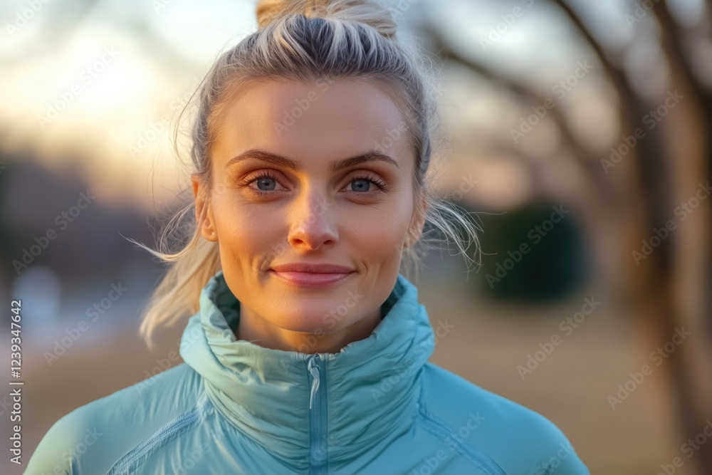 Blonde caucasian female adult in blue jacket smiling outdoors at sunset Blonde caucasian female adult in blue jacket smiling outdoors at sunset