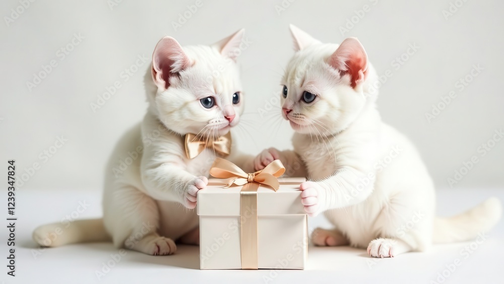 Two white kittens playing with a gift in a box. Postcard, banner, screensaver. International Women's Day, Valentine's Day, Birthday, Holiday Two white kittens playing with a gift in a box. Postcard, banner, screensaver. International Women's Day, Valentine's Day, Birthday, Holiday