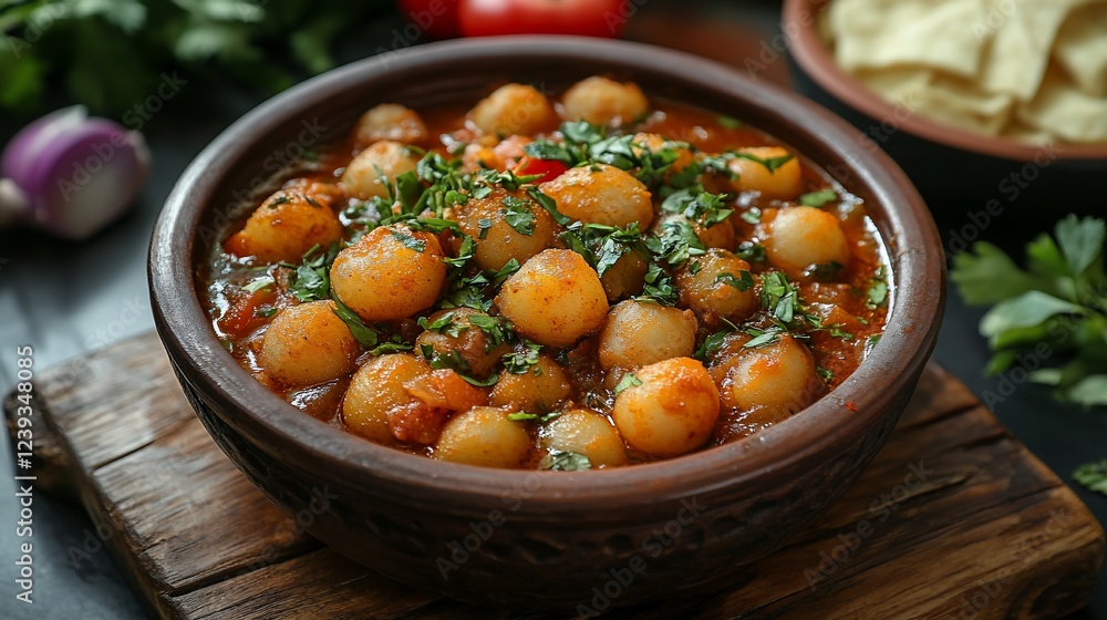 Aromatic potato curry in a rustic bowl. Aromatic potato curry in a rustic bowl.