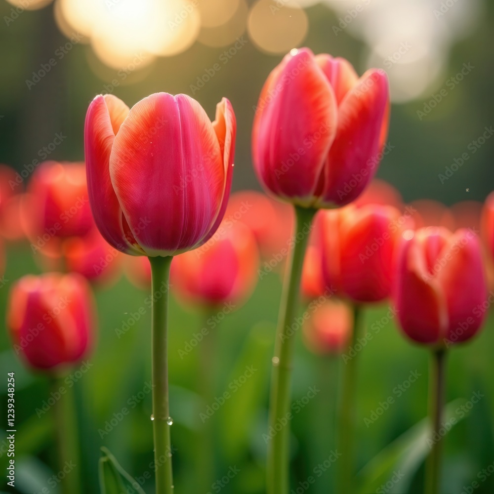 Red tulips in a field in soft sunlight in spring, summer Red tulips in a field in soft sunlight in spring, summer