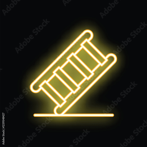 Yellow neon sign in the shape of a ladder leaning on a wall, glowing against a black background