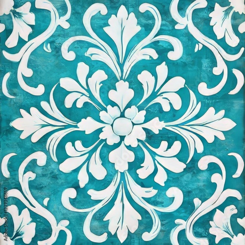 retro floral ornament on grunge blue background with copyspace