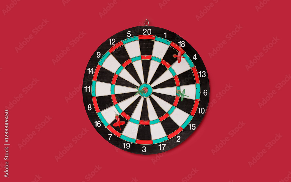 Obraz premium Dartboard with darts hanging on red wall