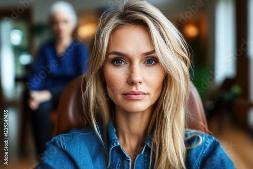 Wallpaper Mural Young caucasian female with mature female in background, cozy interior setting Torontodigital.ca