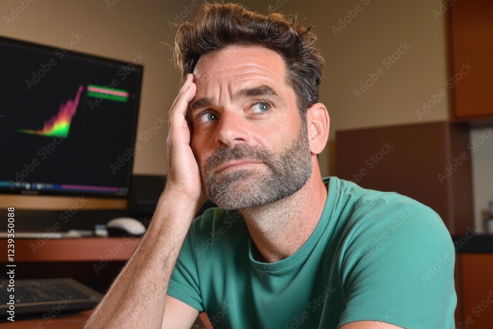 Obraz premium Pensive caucasian male adult in office with computer displaying graph