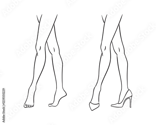 Vector fashion line sketch illustration of beautiful, slim female legs, isolated on a white background. High-heeled fashion feet template. Women's legs and feet croquis.