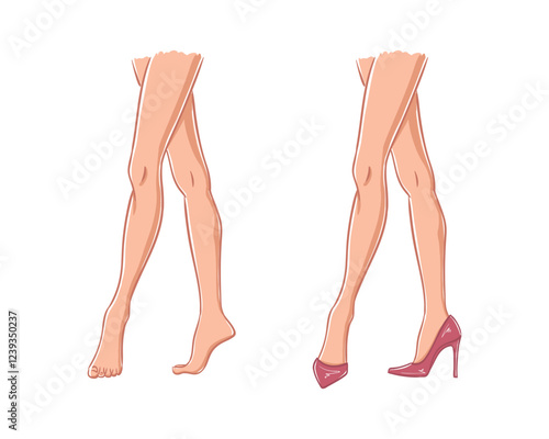 Vector fashion sketch illustration of beautiful, slim female legs, isolated on a white background. High-heeled fashion feet template. Women's legs and feet croquis.