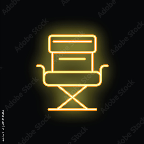 Bright yellow neon icon of a folding chair glowing on a black background