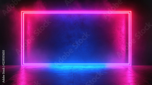 Glowing neon frame with pink and blue lights on a dark misty background, futuristic empty space for text.