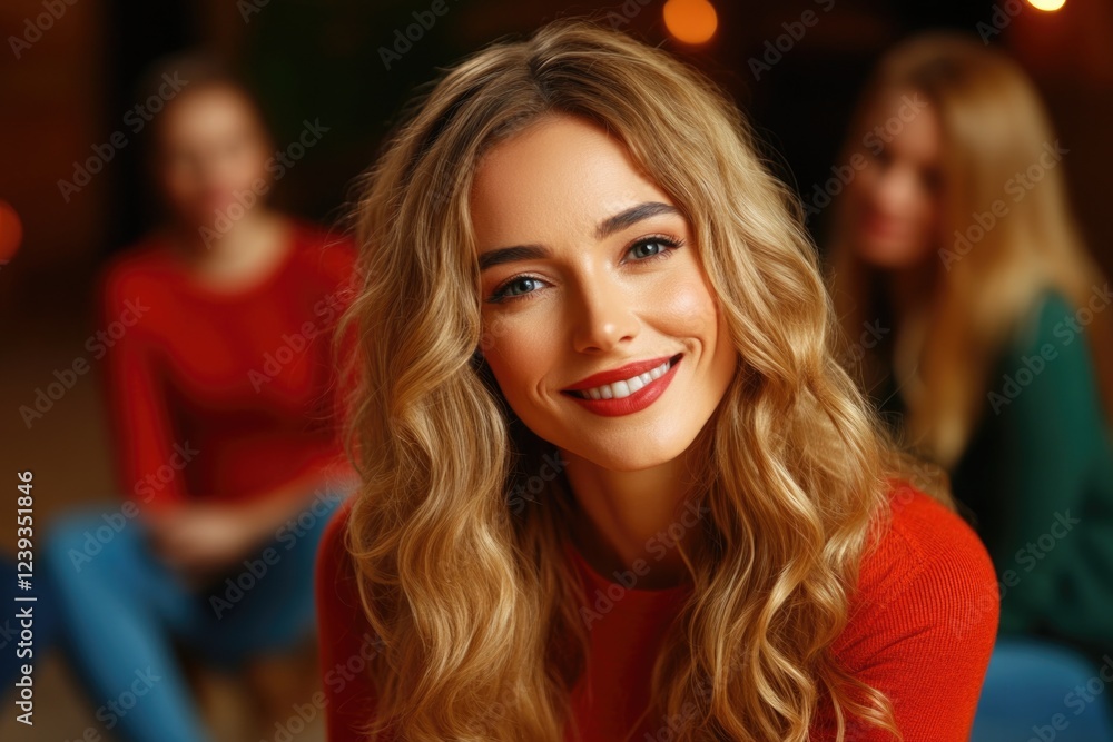 Obraz premium Smiling young caucasian female with friends in cozy setting