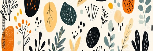 An abstract background featuring minimalist organic patterns with various plants and shapes in black, orange, and green on a light backdrop