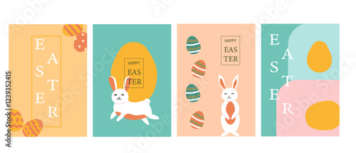 Colorful easter cards with bunnies and eggs in pastel designs.