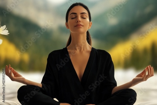 Young hispanic female meditating outdoors in serene mountain landscape photo