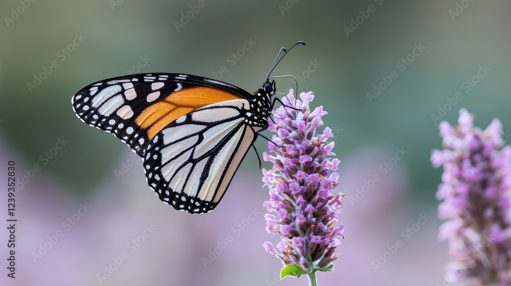 Obraz premium Monarch butterfly feeding on lavender, garden background, nature photography