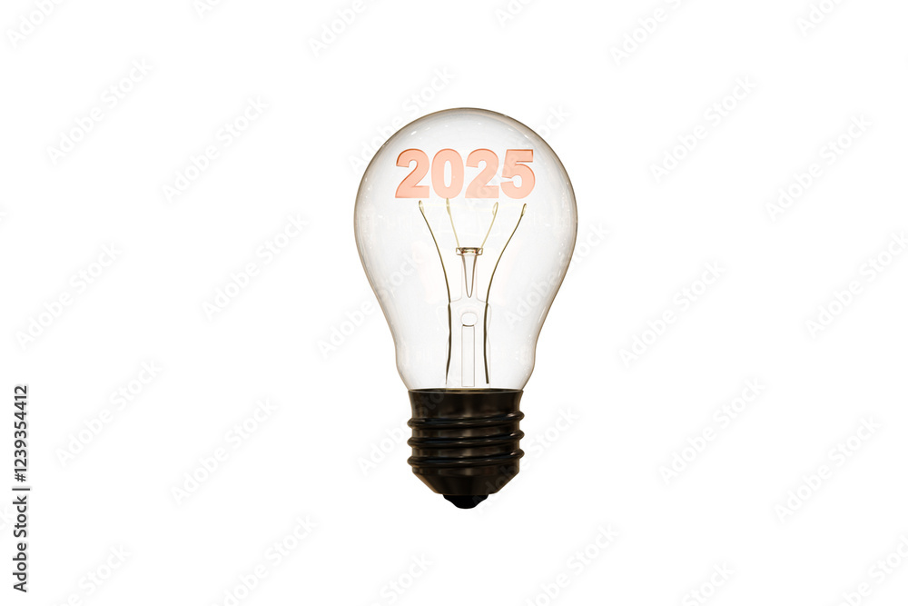 3D model of an incandescent light bulb and the year 2025 inside the bulb on a white background, light 3D model of an incandescent light bulb and the year 2025 inside the bulb on a white background, light