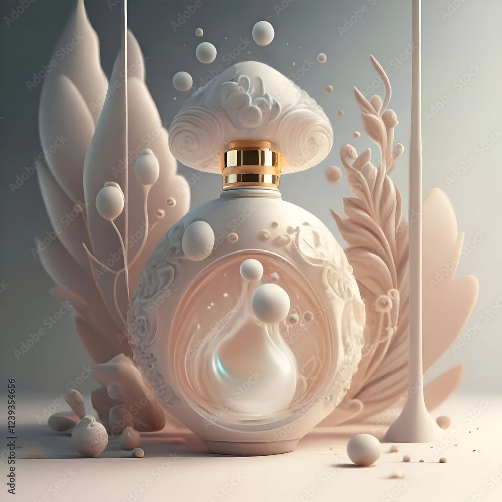 abstract design of perfume bottle against dust background. soft dusty pink -grey hue. close up. Ai generated.