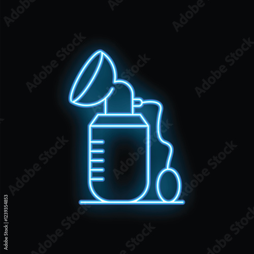 Blue glowing neon line breast pump icon isolated on black background. Vector illustration