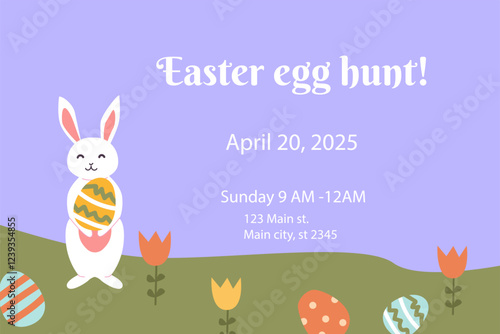 Happy easter egg hunt invitation with bunny and geometric designs for spring celebration.