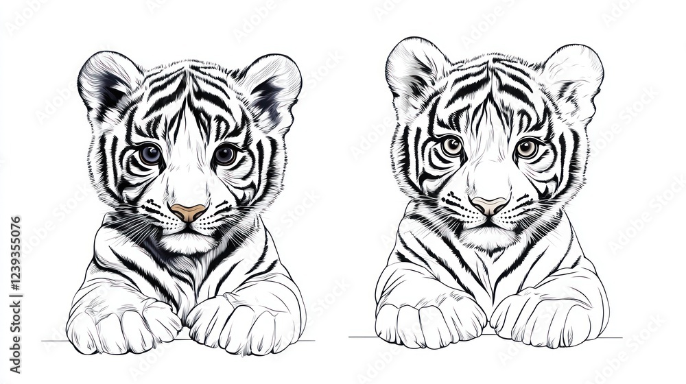 Naklejka premium Two white tiger cubs peeking over a white background
