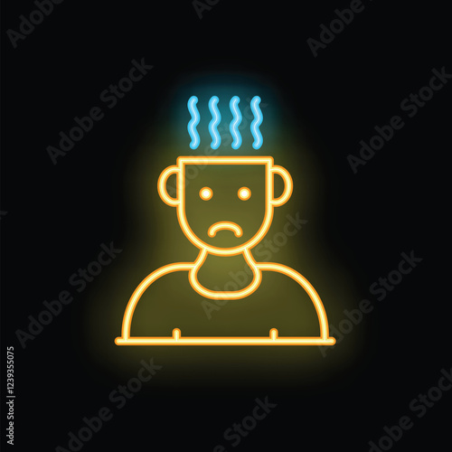 Neon sign vector graphic of a sad person with steam coming out of their head on a black background
