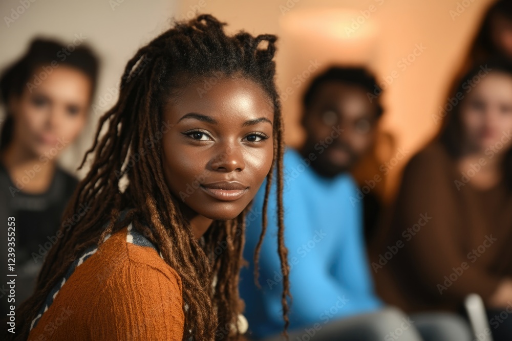 Obraz premium Young african female with dreadlocks in group setting smiling confidently