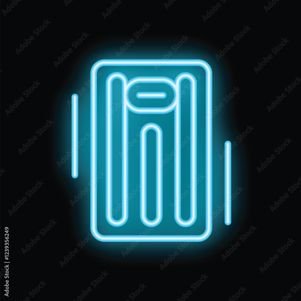 Blue glowing neon air mattress icon, great for travel and vacation concepts Blue glowing neon air mattress icon, great for travel and vacation concepts