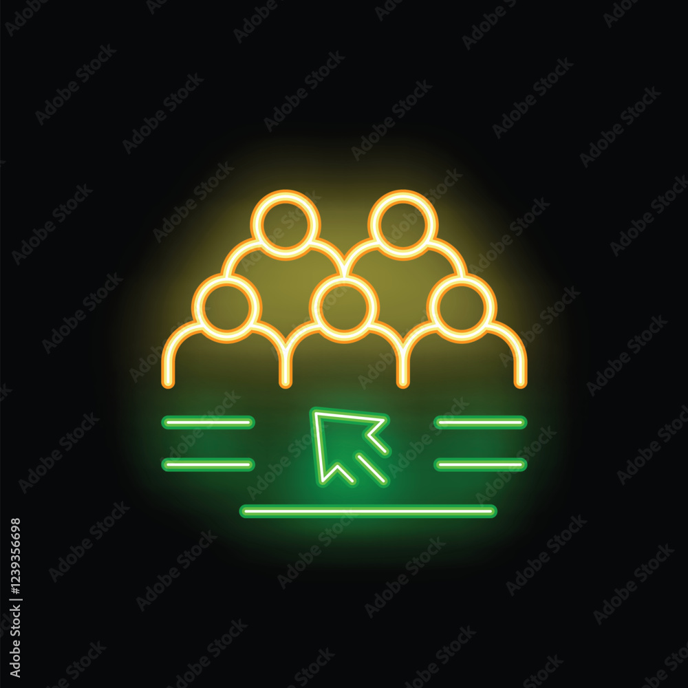 Neon sign depicting a cursor clicking on a group of people, symbolizing audience selection Neon sign depicting a cursor clicking on a group of people, symbolizing audience selection
