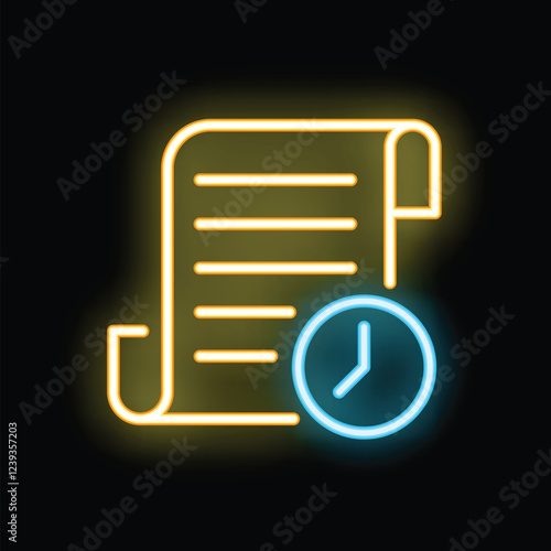 Neon glowing icon of a clock showing deadline for document preparation or contract signing