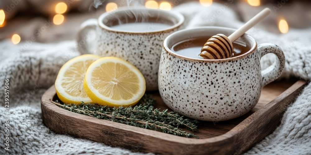 Two speckled cups of thyme tea with honey, lemon slices, and fresh thyme on a wooden tray, set against a cozy, softly lit background Two speckled cups of thyme tea with honey, lemon slices, and fresh thyme on a wooden tray, set against a cozy, softly lit background