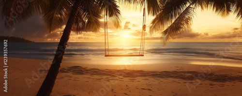 Serene sunset view with palm trees and a swing on a tranquil beach. photo