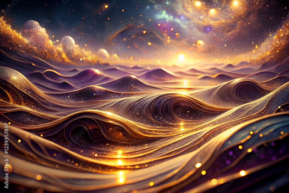 Golden Waves and Cosmic Sunset Abstract Fantasy Landscape Golden Waves and Cosmic Sunset Abstract Fantasy Landscape