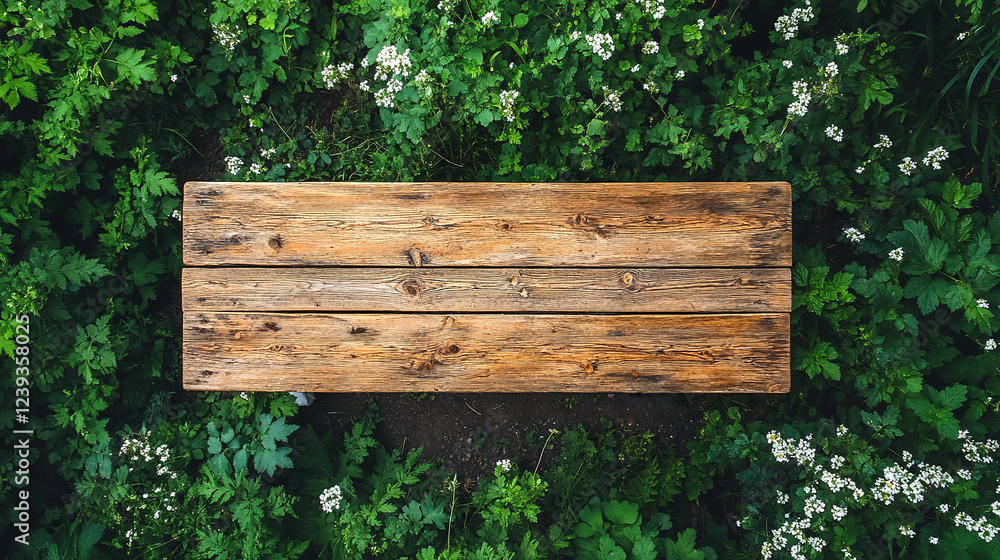 Fototapeta premium Top view of empty plank wood table on greenery background in garden