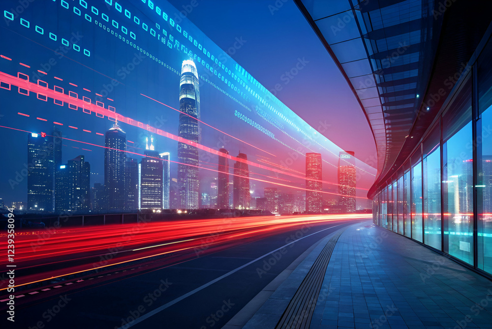 Night Cityscape With Data Stream and Motion Blurred Traffic Night Cityscape With Data Stream and Motion Blurred Traffic