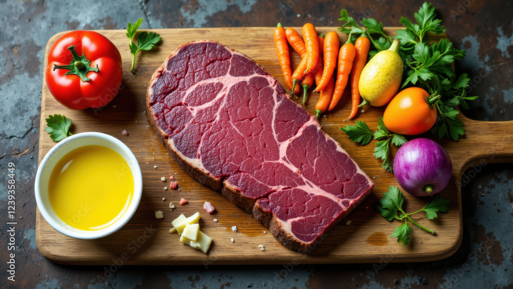 A plate with a steak, vegetables, and condiments in front of a rustic kitchen background.