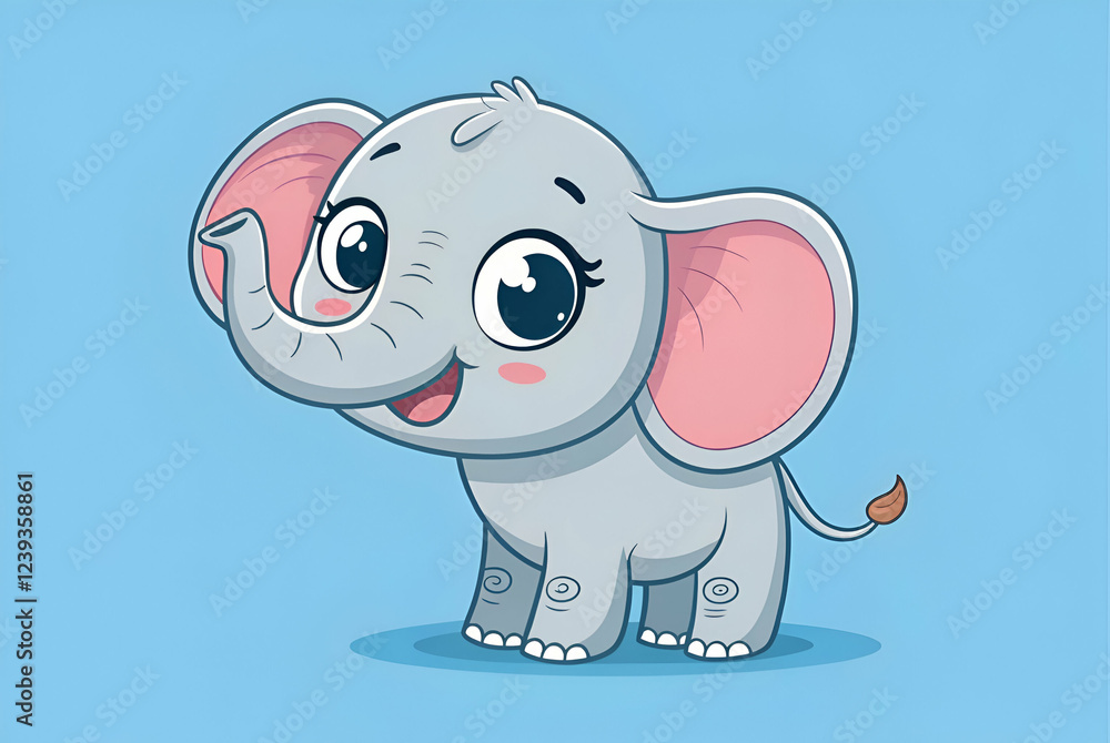 Obraz premium Adorable Grey Baby Elephant Cartoon Illustration On Light Blue Background
