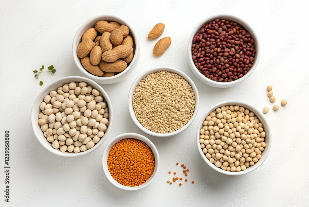 Assorted Legumes and Grains in White Bowls on White Background Assorted Legumes and Grains in White Bowls on White Background