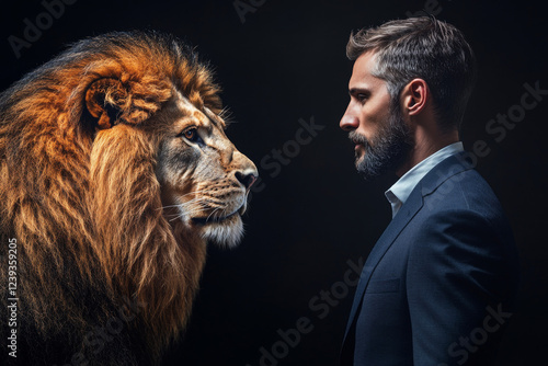 Obraz na płótnie Businessman and lion are standing face to face on dark background. Man in suit looking in lion eyes. Concept of leadership and power strength w salonie