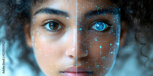 Half-human, half-digital face blending natural features with futuristic technology and glowing blue data patterns. Close-up photo