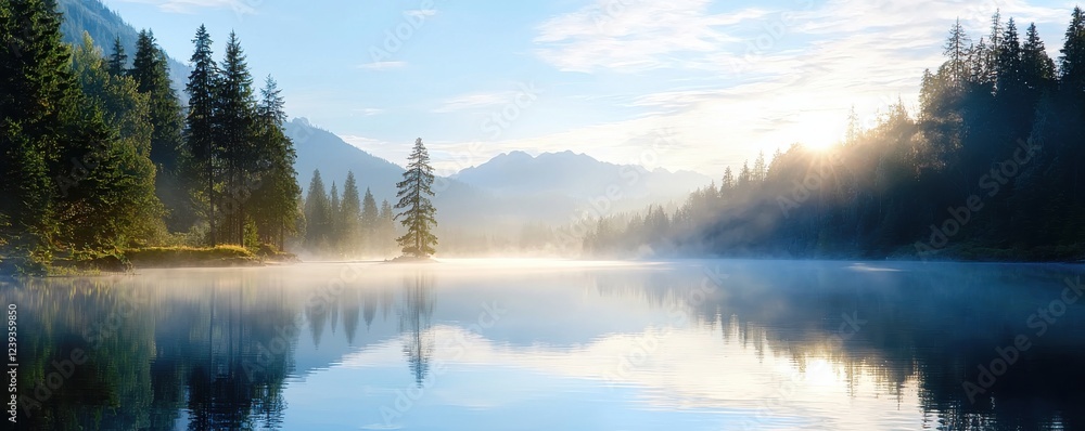 Fototapeta premium A serene landscape featuring a misty lake surrounded by evergreen trees, mountains in the background, and a soft morning light illuminating the scene.