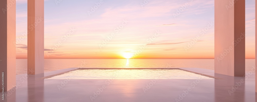 Fototapeta premium A serene view of a sunset over water, framed by modern architecture, creating a tranquil atmosphere.