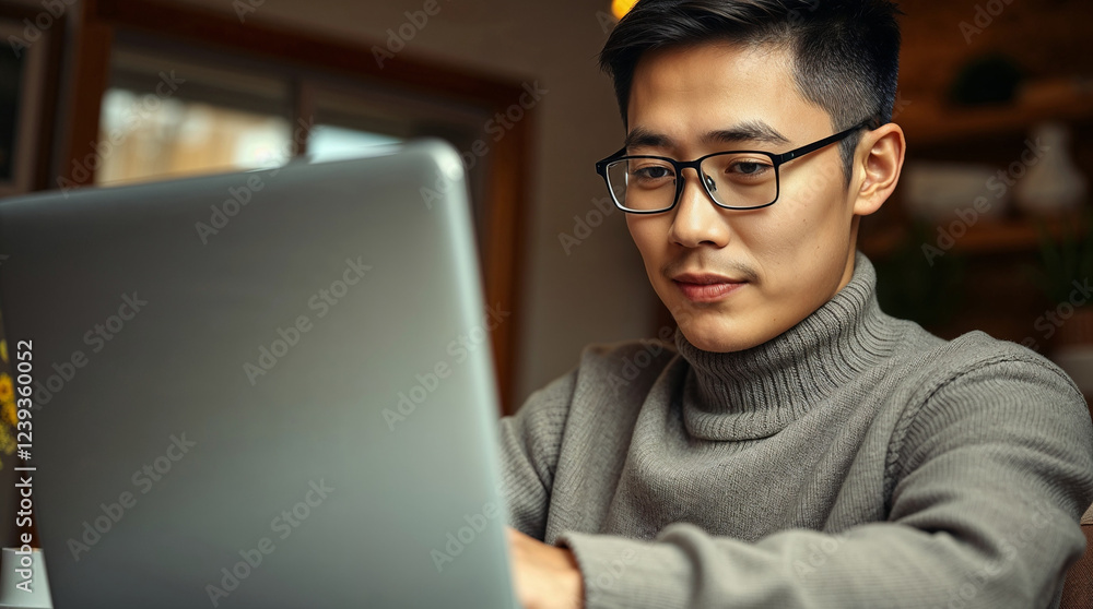 Freelancer Asian man looking at computer laptop screen concentrate and thinking with him job Freelancer Asian man looking at computer laptop screen concentrate and thinking with him job