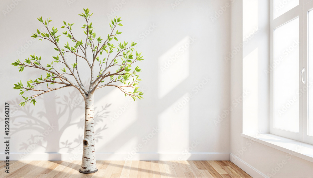 Obraz premium Artistic installation from artificial birch branches in a minimalist living room, spring